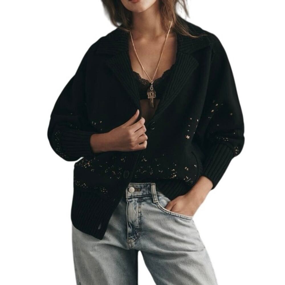 Anthropologie Collared V-Neck Butterfly Cardigan in Black & Gold Size Large New - Picture 4 of 9